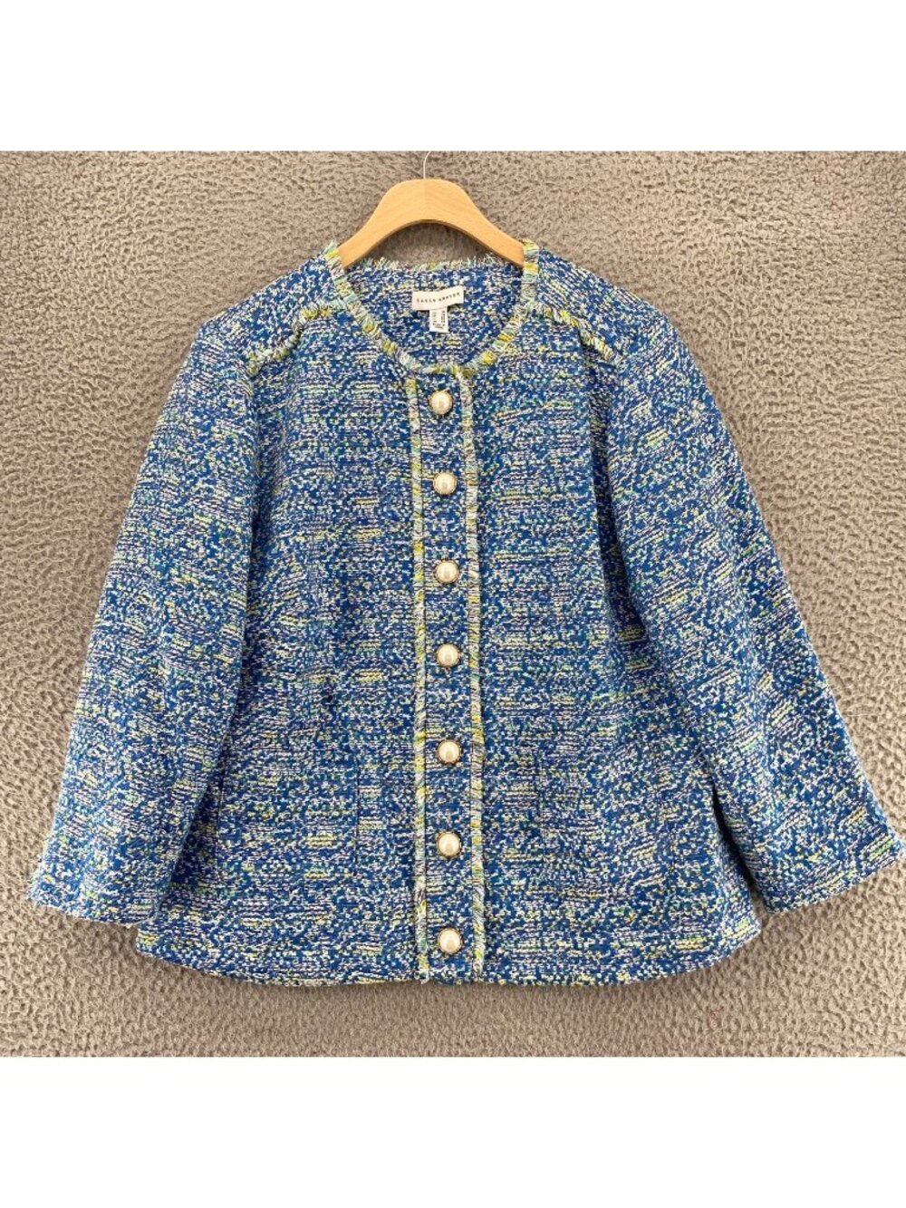 Susan Graver Jacket Womens 10 Blue Green Tweed Fringe Pearl Button Up Pockets